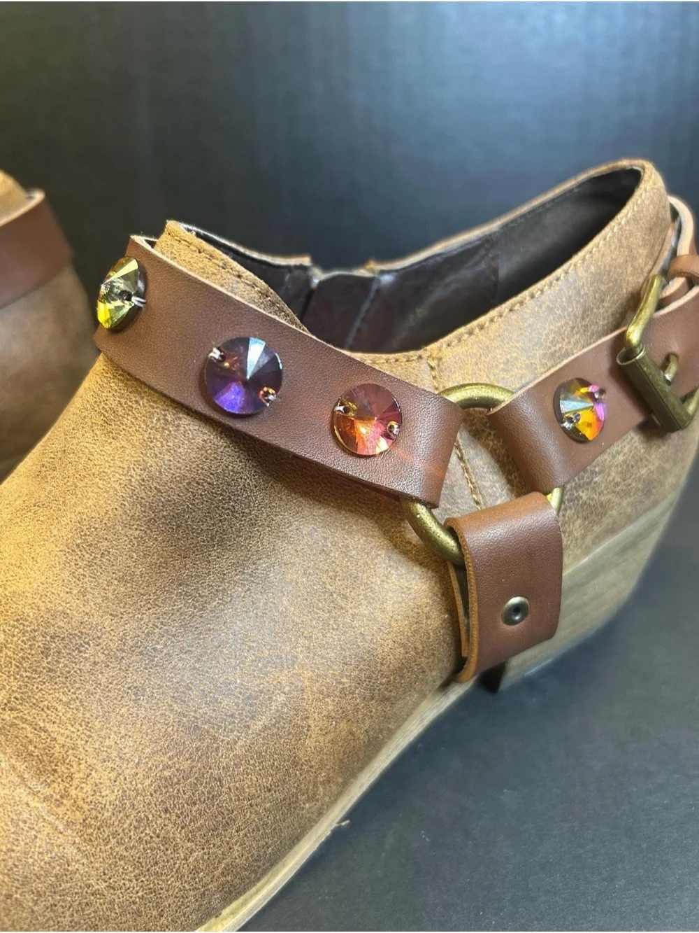 Woman’s Brown Leather Slip-On Boots with Decorative Gem Strap